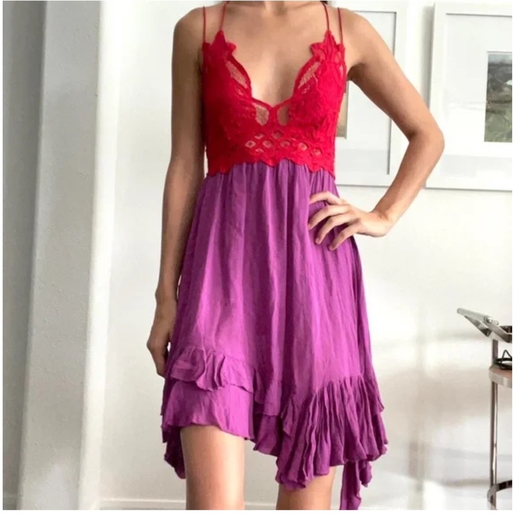 NWOT Free People One Adella Lace Slip Dress in Lipstick